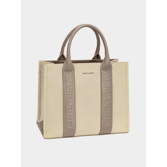 David Jones Contrast Leather Handles Zipper Closure Canvas Tote Handbag | Beige - Picture 2 of 6
